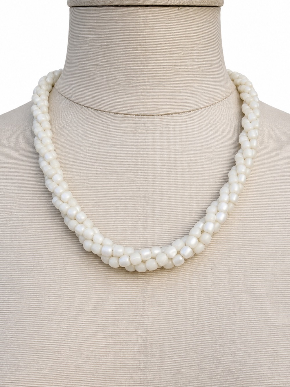 Vintage Triple Strand White Bead (cold to touch) Twist Necklace Artisan -19”